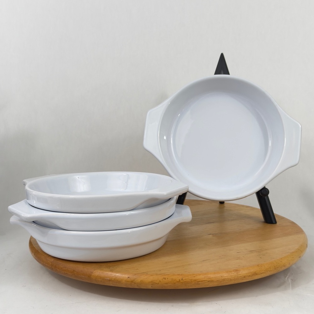 Set of 4 Emile Henry Round French Casserole Pie Stoneware White Made In France